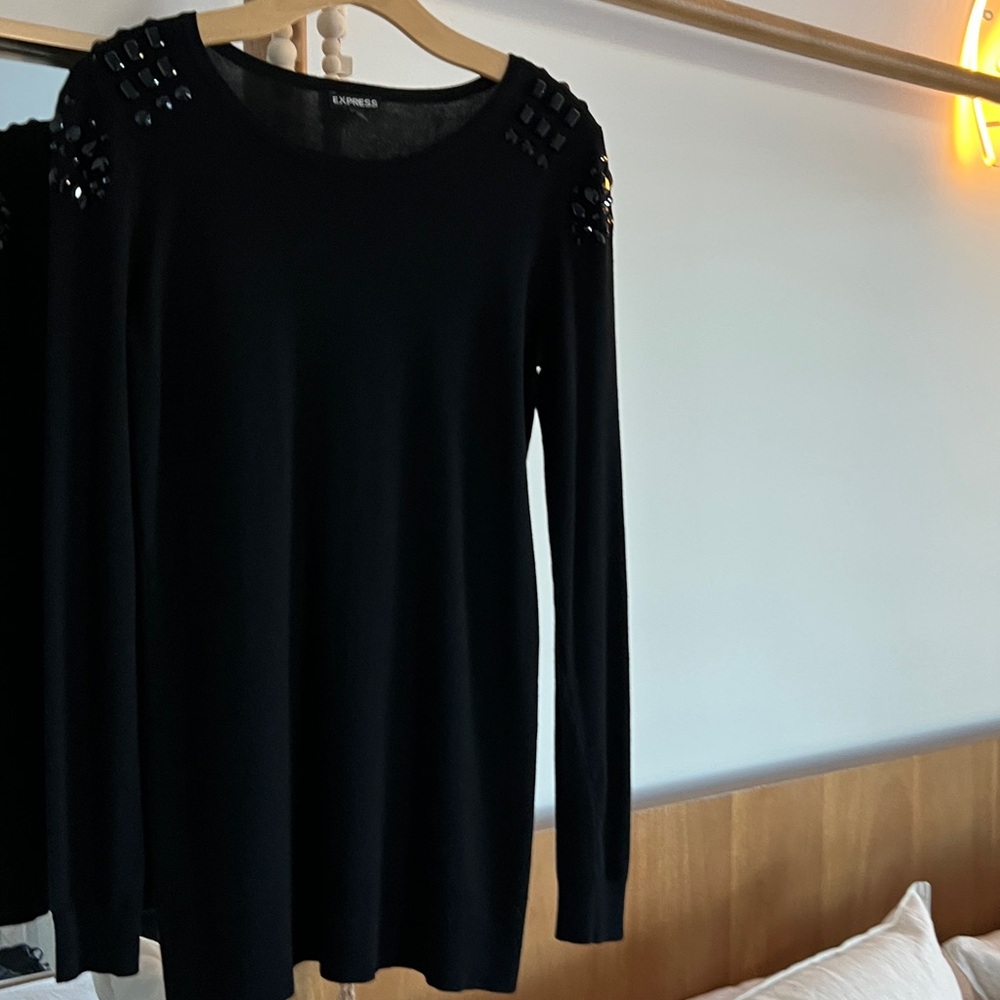 Express Black mini dress , cashmere like soft,  with Shoulder Embellishments!